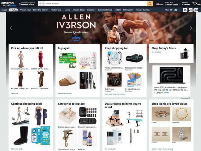 content personalization website example, amazon’s homepage tailored to the shopper with recent searches, past purchases